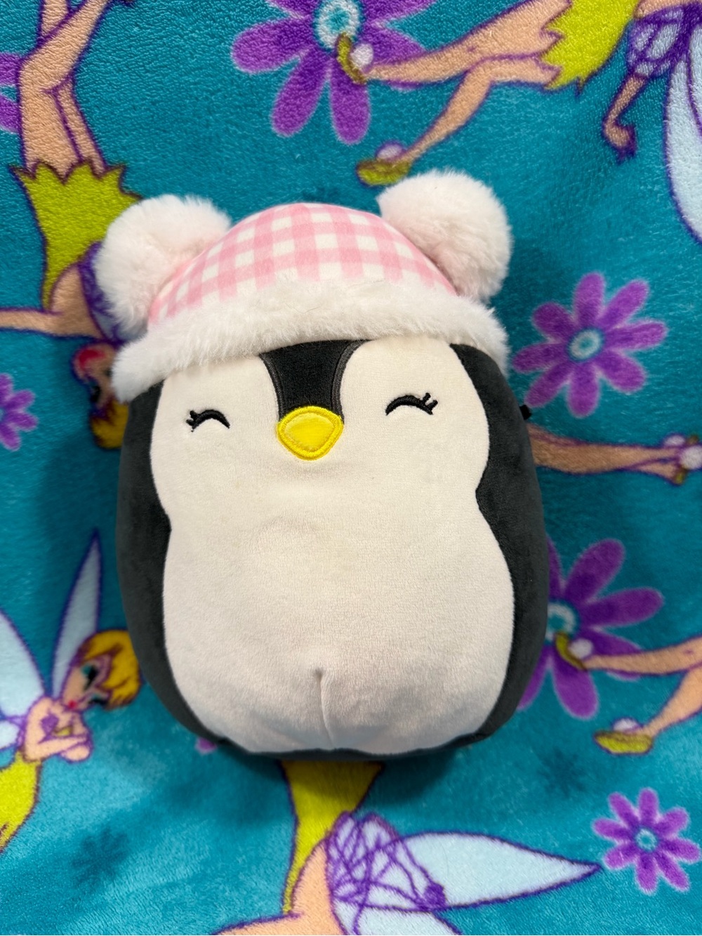 Squishmallows Penguin Plush Pink Gingham Winter Hat Soft Stuffed Animal Cute